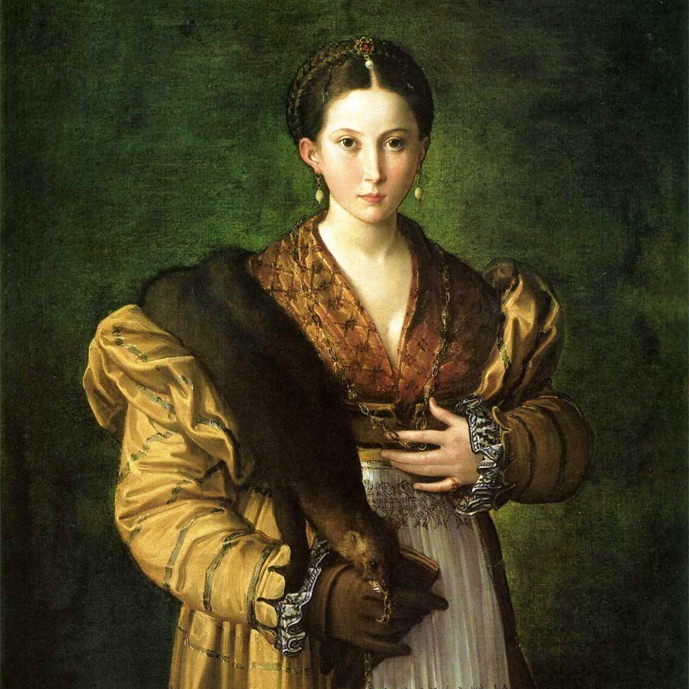 detail of a portrait painting of a woman in a striped yellow gown with a gold partlet, a zibellino, and a white apron with blackwork embroidery
