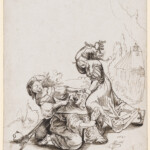 Urs Graf; Zwei Dirnen überfallen einen Mönch; 1521
Blatt: 28.2 x 20.8 cm; Feder in Schwarzbraun, über Vorzeichnung mit schwarzem Stift; Inv. U.X.92
http://sammlungonline.kunstmuseumbasel.ch/eMuseumPlus?service=ExternalInterface&module=collection&objectId=16588&viewType=detailView