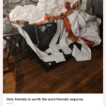 (original post <a class='blue-link' href="https://www.patreon.com/posts/only-pennsic-is-86555666">here</a>)
<b><br>Only Pennsic is worth the work Pennsic requires
<br>July 23
<br><br>Originally, I was going to glue the dags to the college tent. It worked really well with the gate tent. It wouldn't hold the same. Not porous enough to grab on, I think. So we decided to sew them. Tonight. After spending all day packing. 2 ¹/² hrs and a wrecked bedroom later that thing is on there, goddamnit. Its gonna be so pretty <a class='blue-link' href="https://knowneworldcourtesans.org/wp-content/uploads/2023/11/IMG_20230801_204712768_HDR-a-scaled.jpg">when its up</a>. Preview of the linked Patreon post, including a photo of an enormous white canopy with a red and gold border piled on a bed