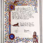 "Done this day by these present letters, We Afshin, King of Atlantia and Yasmin Our Queen, send greetings to all Our present nobles and gentles. Know ye that We of Our especial Grace and Certain Knowledge, in consideration of worthy endeavors in both Arts and Science do advance Our faithful subject Ginevra Fiammetta di Silvestri to the Rank, Style, Title, and Degree of Companion to Our most noble and excellent Order of the Pearl.
<br><br>Done by Our hand this 27th day of May, Anno Societatis LVIII at Our Ruby Joust.
<br><br>Afshin, King. Yasmin, Queen."
<br><br>Penis bird reference:
<br>Ferrarese, circa 1470-1480
<br><a class='blue-link' href="https://www.britishmuseum.org/collection/object/P_1934-0228-2">British Museum, museum number 1934,0228.2</a>
<br><br>Cat stealing dildo/disembodied penis:
<br>Non biedt kat vis aan in ruil voor penis
<br>Flaisch macht Flaisch
<br>Germany, 1555
<br><a class='blue-link' href="https://www.rijksmuseum.nl/en/collection/RP-P-OB-78.861">Rijksmuseum, object number RP-P-OB-78.861</a>
<br><br>Lady lifting skirt reference:
<br><a class='blue-link' href="https://bvmm.irht.cnrs.fr/iiif/3264/canvas/canvas-789284/view">Paris, Bibliothèque de l'Ecole des Beaux-Arts, Ms. 0482, detail of f.60v.</a>
<br>Book of Hours. 15th century A medieval style scroll featuring calligraphy, multi-colored leaves, a penis with wings, legs, and a belled collar, a cat holding a dildo in its mouth, and a woman in medieval clothing lifting her skirt with a leaf covering her genitals. The scroll also has a gold stag with one foreleg raised on a red background, and a blue scallop shell with a white pearl on it.